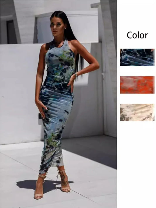 Midi Dresses- Abstract Print Halter Bodycon Dress- - IndioGear.com