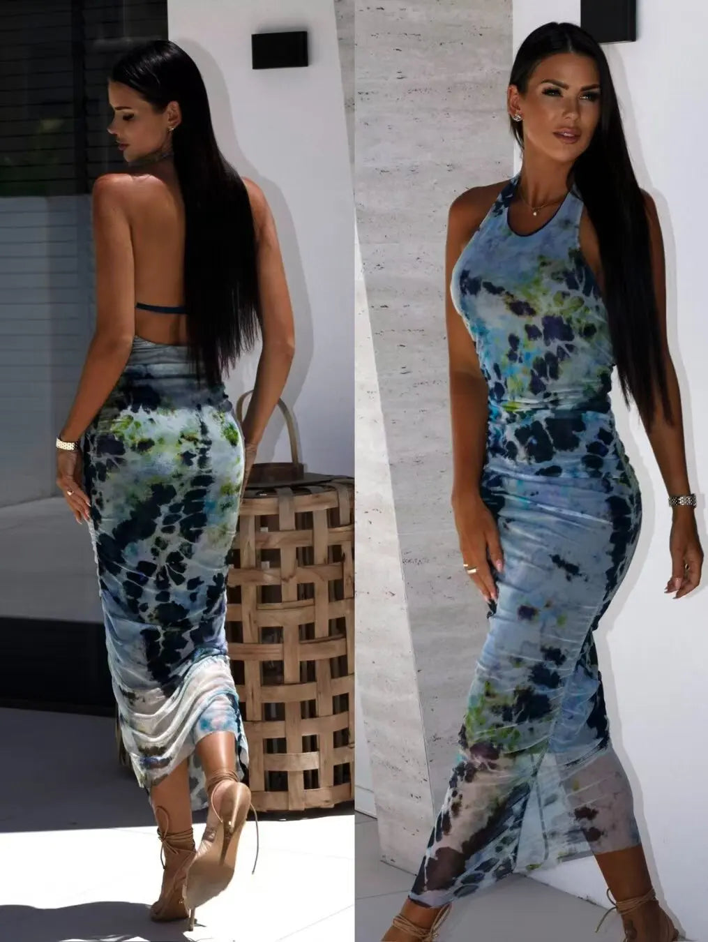 Midi Dresses- Abstract Print Halter Bodycon Dress- - IndioGear.com