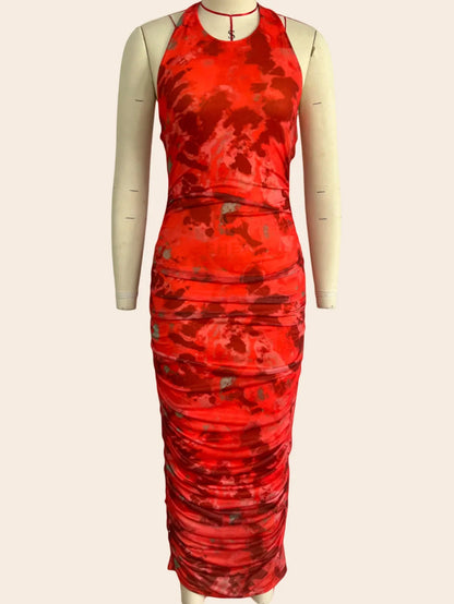 Midi Dresses- Abstract Print Halter Bodycon Dress- - IndioGear.com