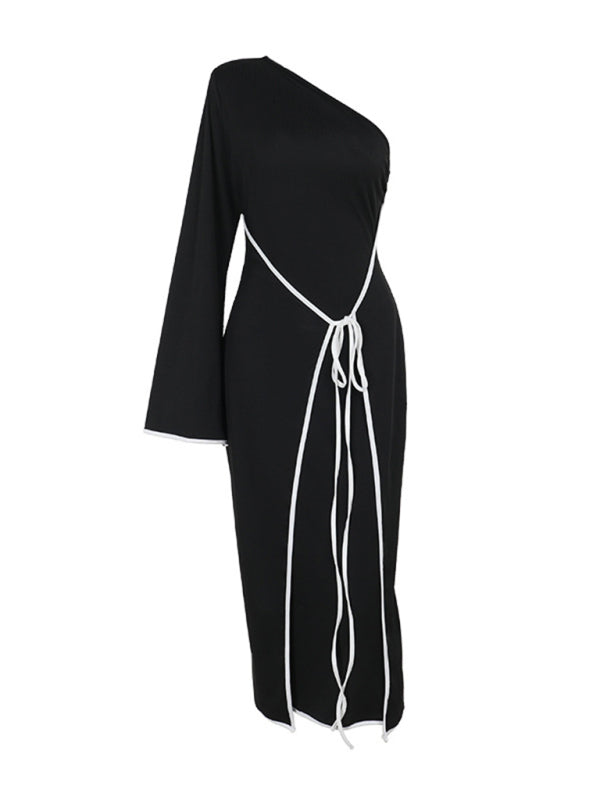 Midi Dresses- Asymmetrical Dress for Cocktail Parties in Contrast Piping- - IndioGear Women Clothing