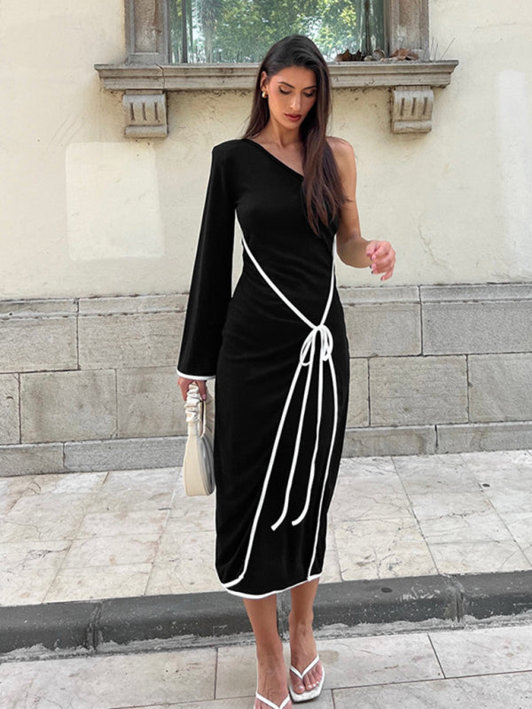 Midi Dresses- Asymmetrical Dress for Cocktail Parties in Contrast Piping- - IndioGear Women Clothing