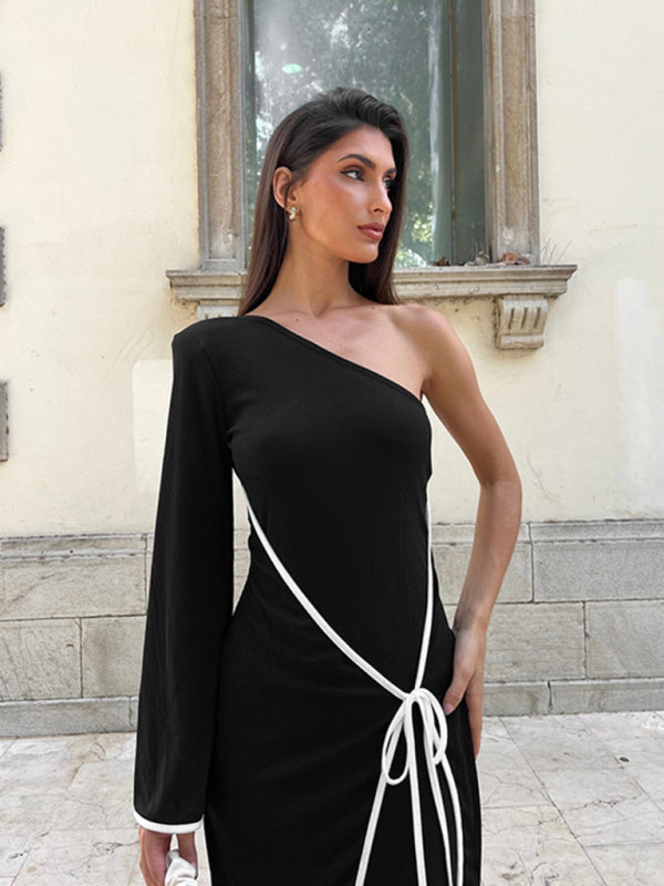 Midi Dresses- Asymmetrical Dress for Cocktail Parties in Contrast Piping- - IndioGear Women Clothing