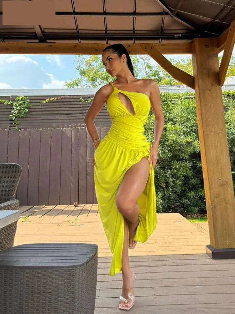 Midi Dresses- Asymmetrical One-Shoulder Slit Dress for Cocktails- Yellow- IndioGear.com