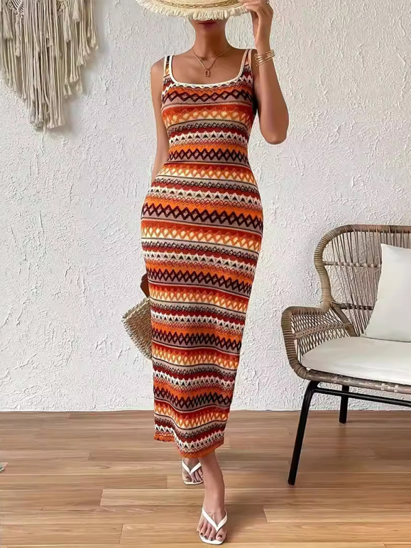 Midi Dresses- Boho Aztec Print Earthy Tones Midi-Maxi Dress- - IndioGear.com