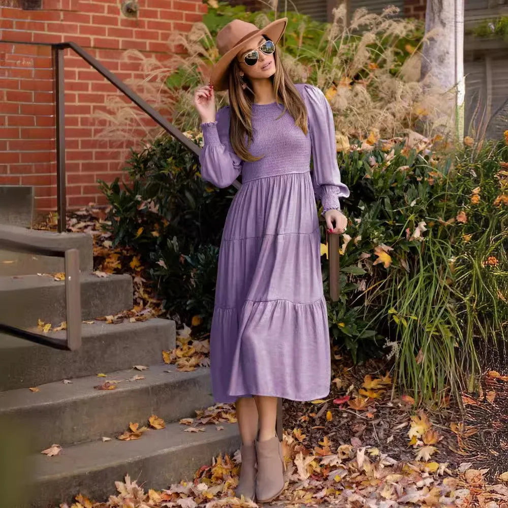 Midi Dresses- Boho Solid Tiered Midi Dress with Long Sleeves- Lavender- IndioGear.com