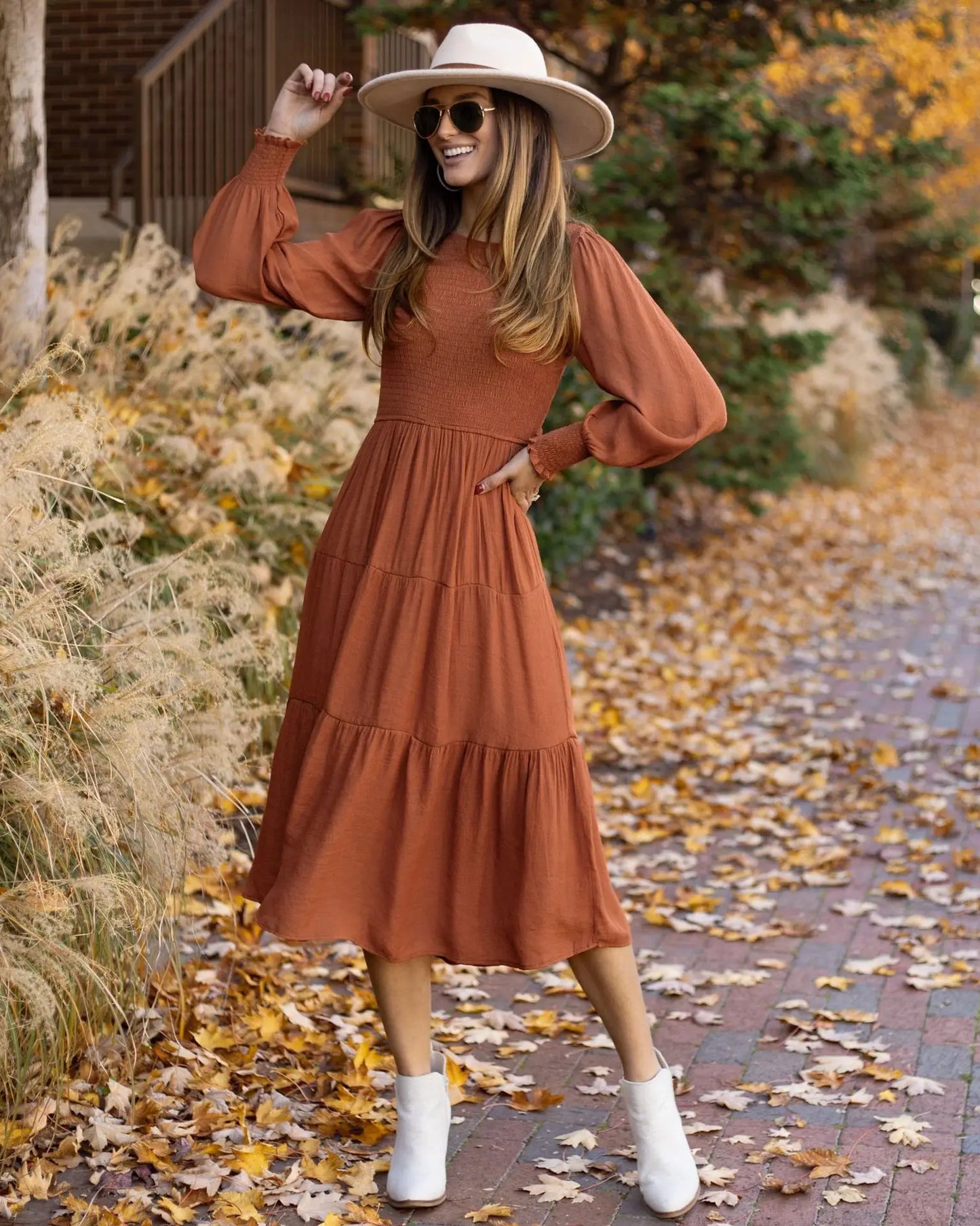 Midi Dresses- Boho Solid Tiered Midi Dress with Long Sleeves- - IndioGear.com