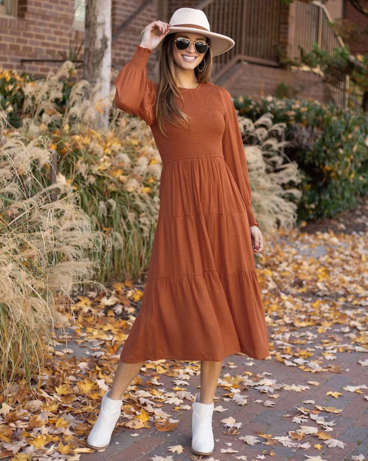 Midi Dresses- Boho Solid Tiered Midi Dress with Long Sleeves- - IndioGear.com