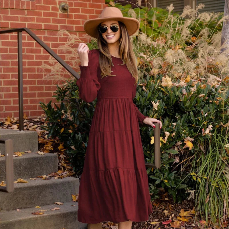 Midi Dresses- Boho Solid Tiered Midi Dress with Long Sleeves- - IndioGear.com