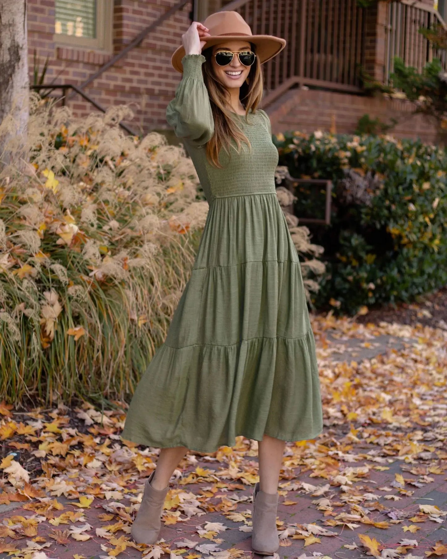 Midi Dresses- Boho Solid Tiered Midi Dress with Long Sleeves- - IndioGear.com