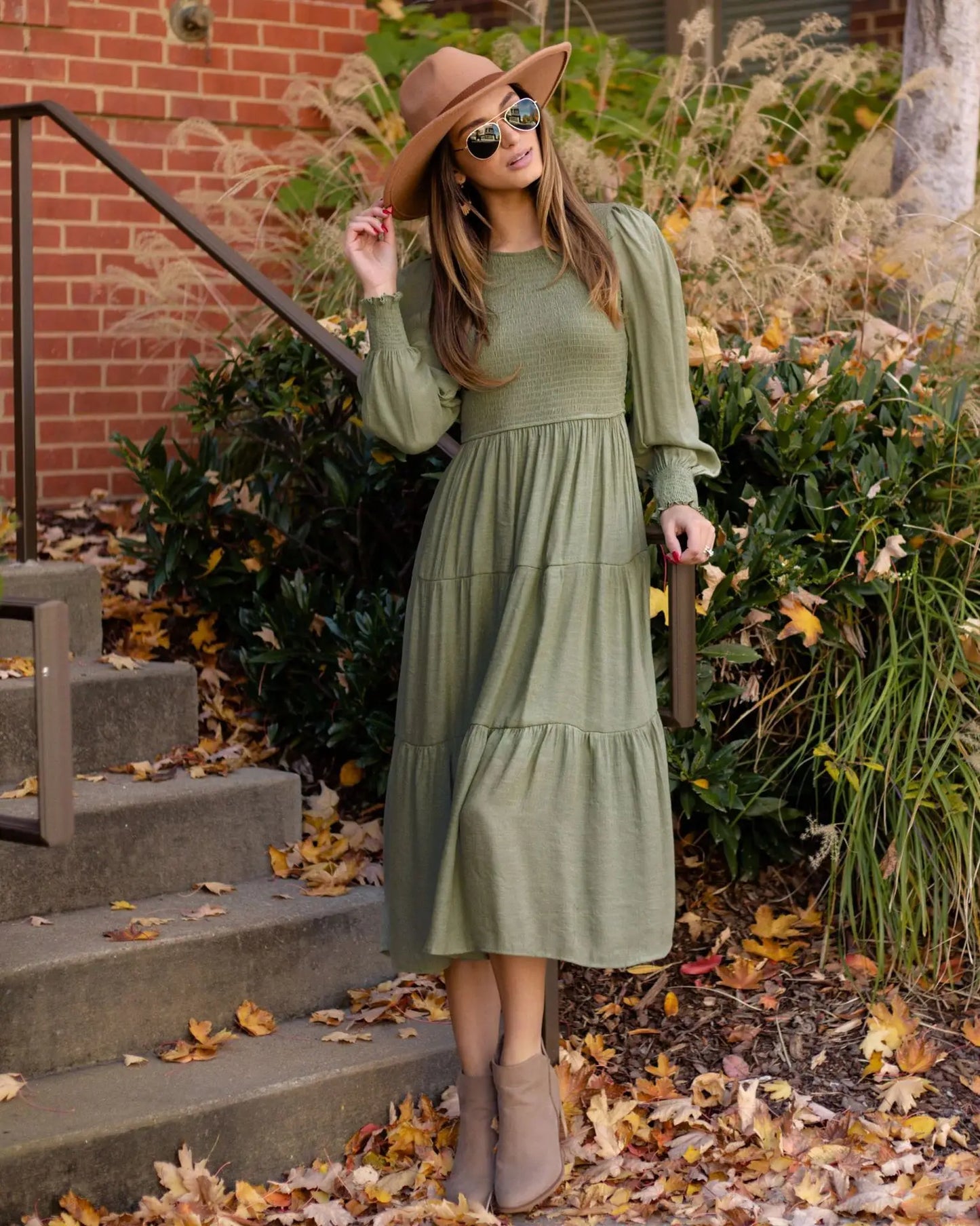 Midi Dresses- Boho Solid Tiered Midi Dress with Long Sleeves- Light Green- IndioGear.com