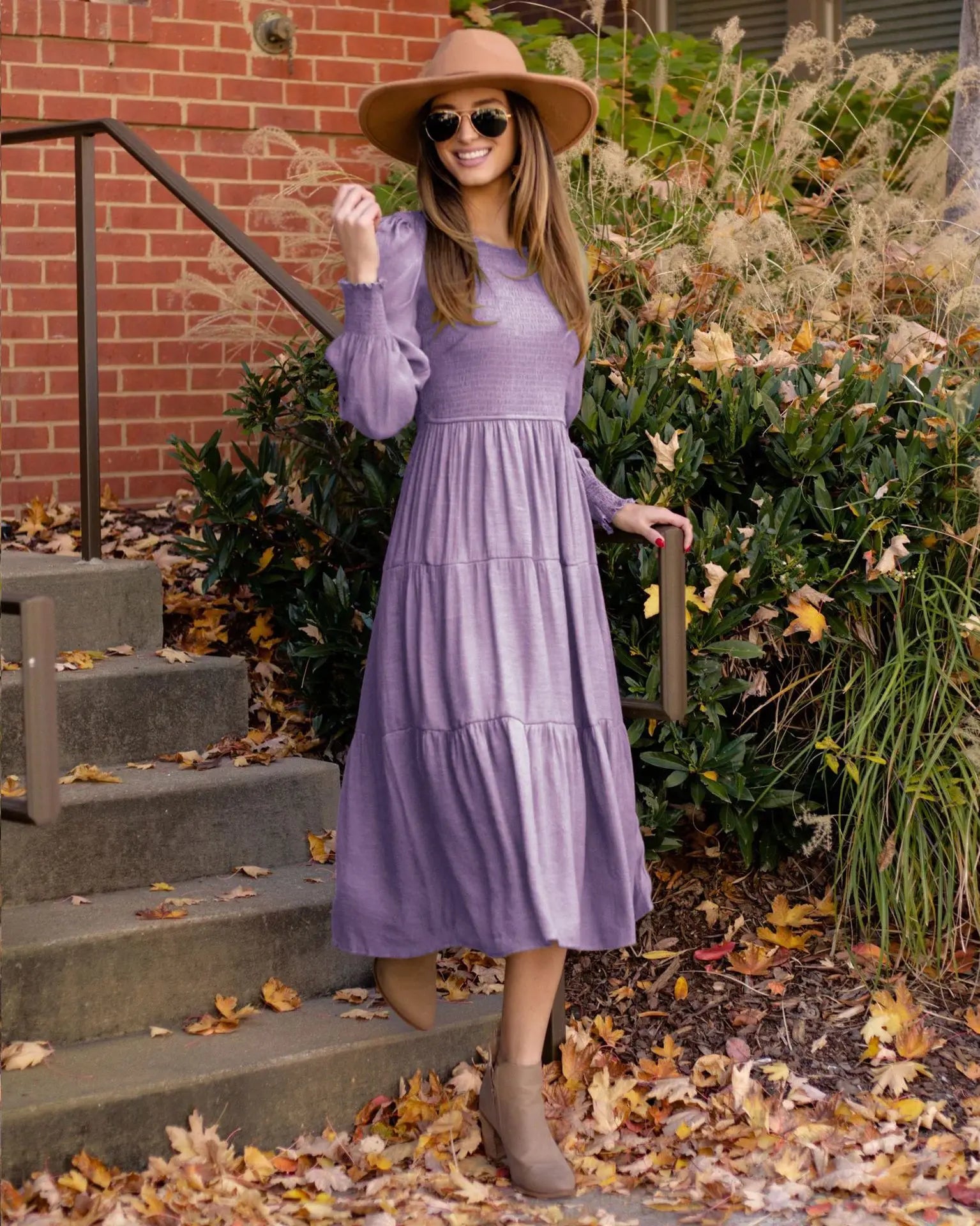 Midi Dresses- Boho Solid Tiered Midi Dress with Long Sleeves- - IndioGear.com