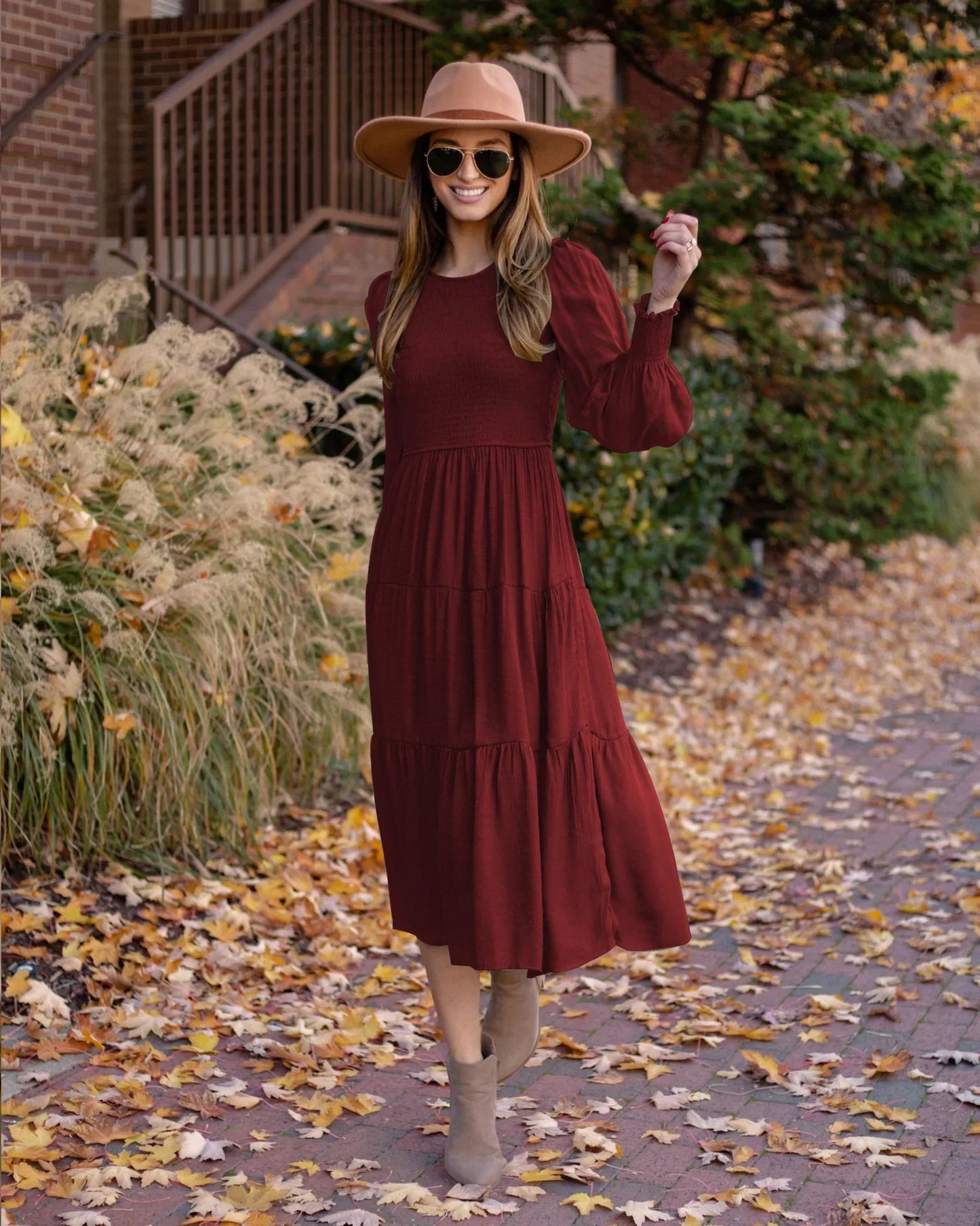 Midi Dresses- Boho Solid Tiered Midi Dress with Long Sleeves- - IndioGear.com