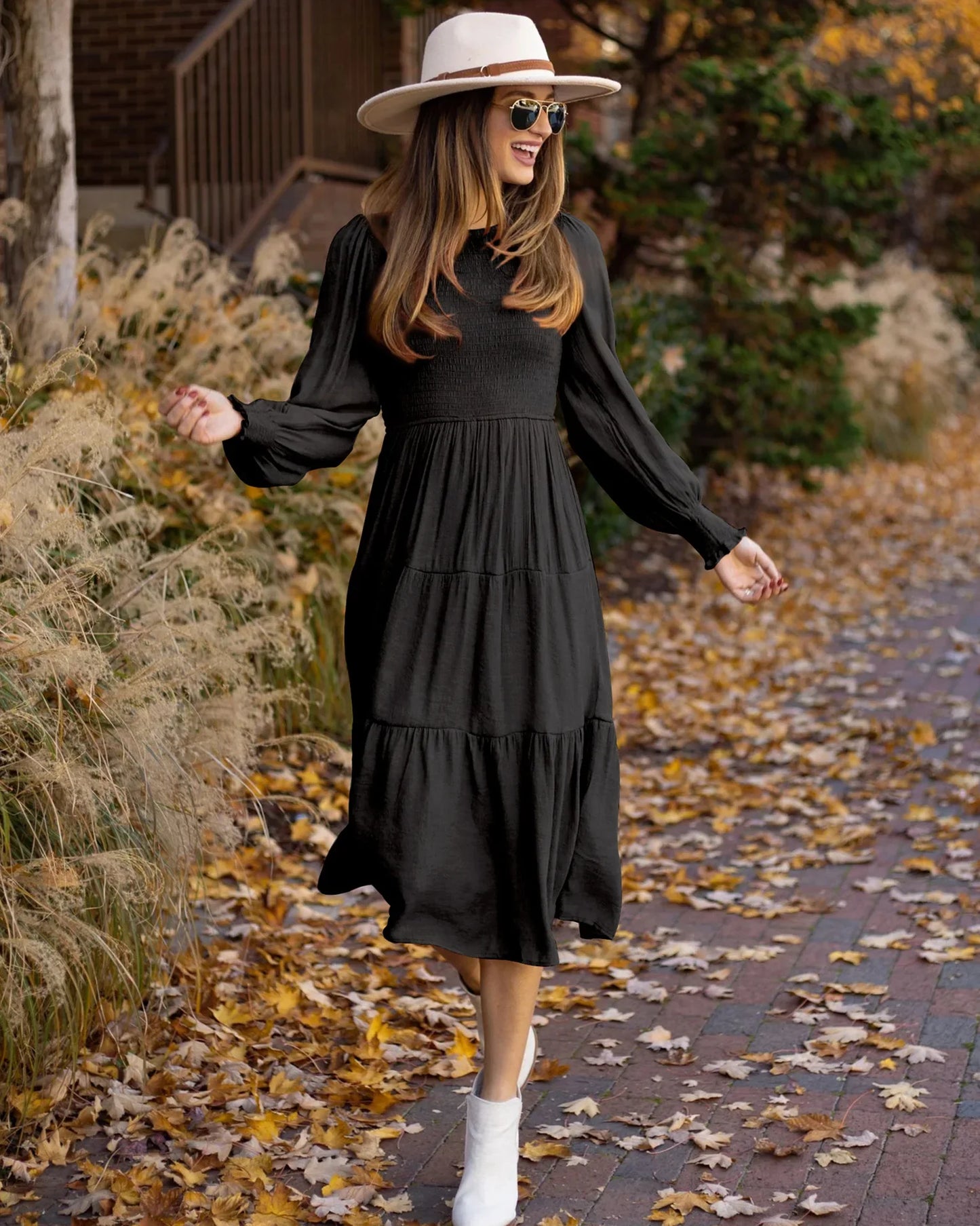 Midi Dresses- Boho Solid Tiered Midi Dress with Long Sleeves- - IndioGear.com