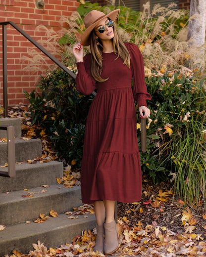 Midi Dresses- Boho Solid Tiered Midi Dress with Long Sleeves- - IndioGear.com