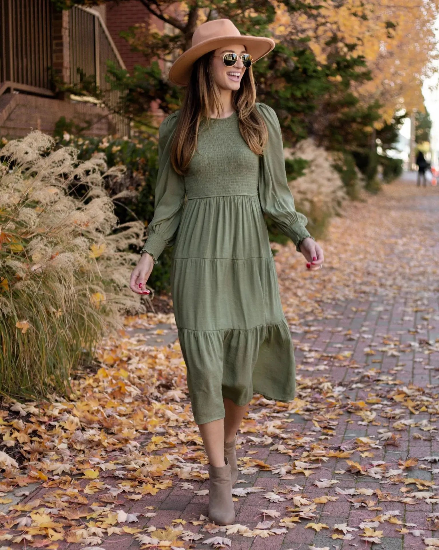 Midi Dresses- Boho Solid Tiered Midi Dress with Long Sleeves- - IndioGear.com