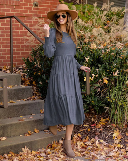 Midi Dresses- Boho Solid Tiered Midi Dress with Long Sleeves- - IndioGear.com