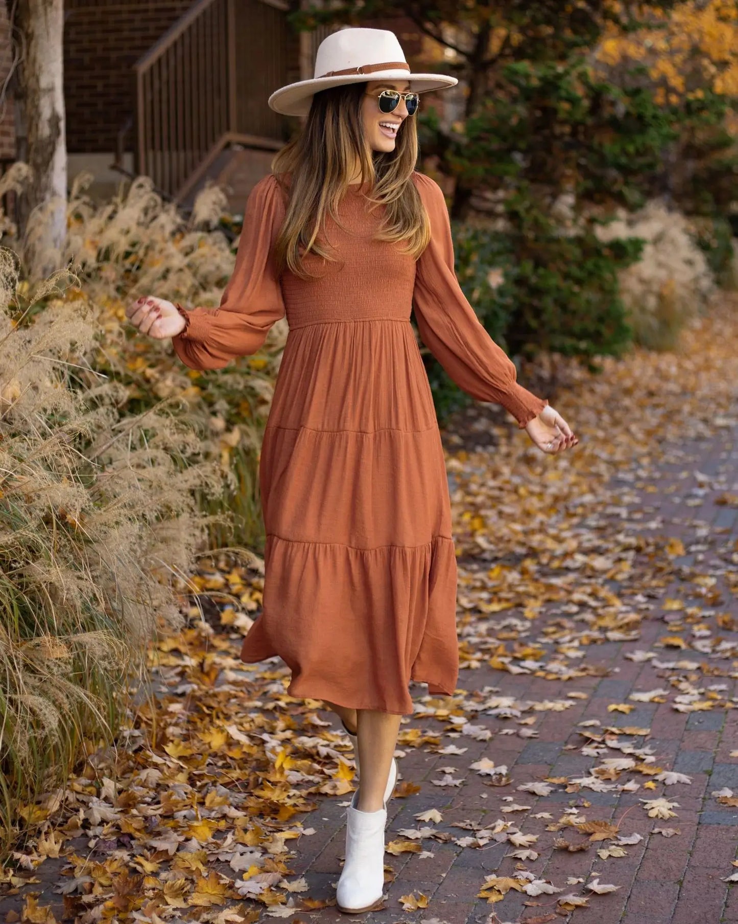 Midi Dresses- Boho Solid Tiered Midi Dress with Long Sleeves- Khaki- IndioGear.com