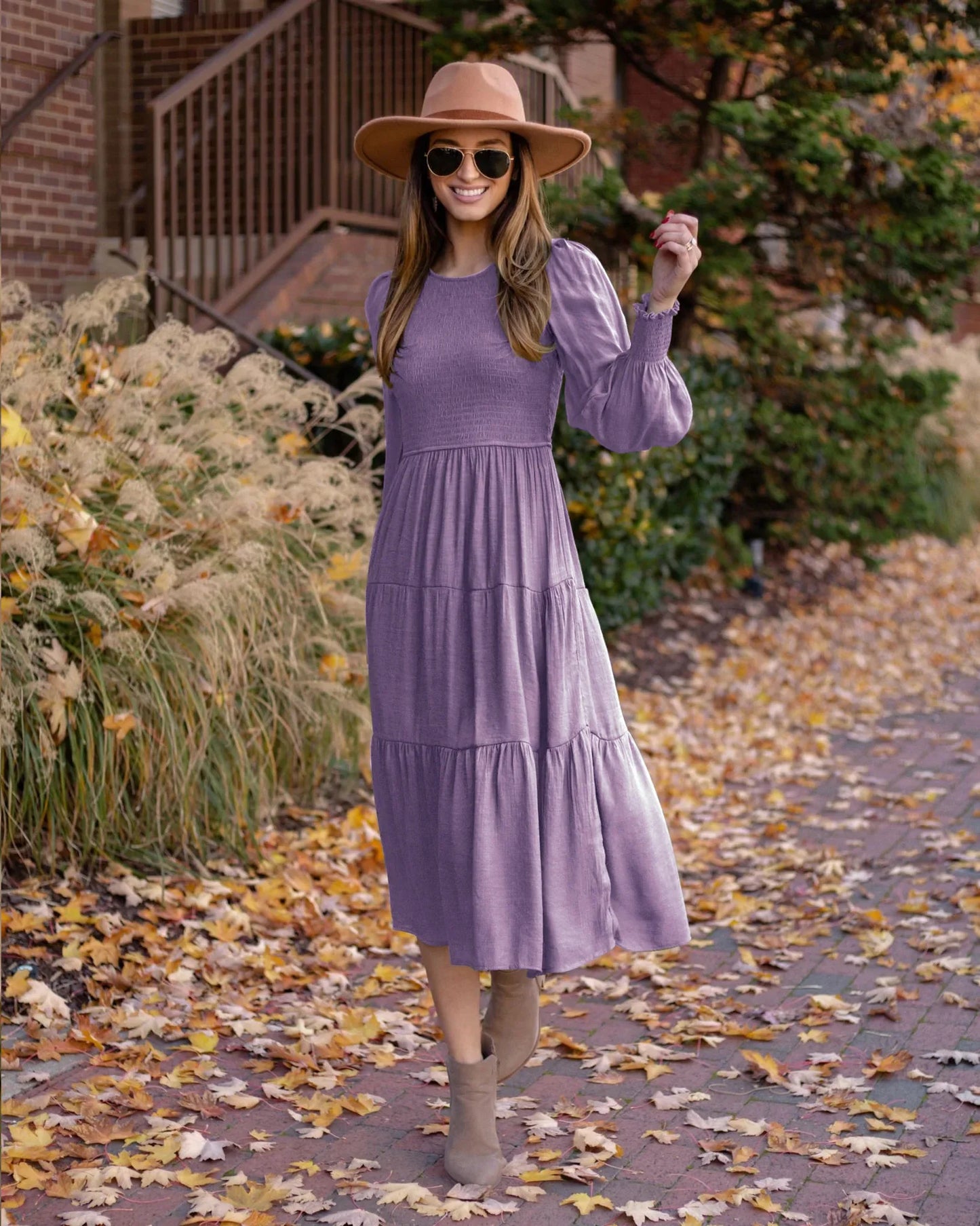 Midi Dresses- Boho Solid Tiered Midi Dress with Long Sleeves- - IndioGear.com