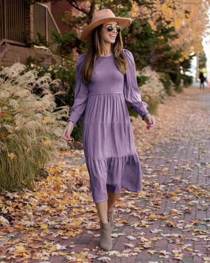 Midi Dresses- Boho Solid Tiered Midi Dress with Long Sleeves- - IndioGear.com