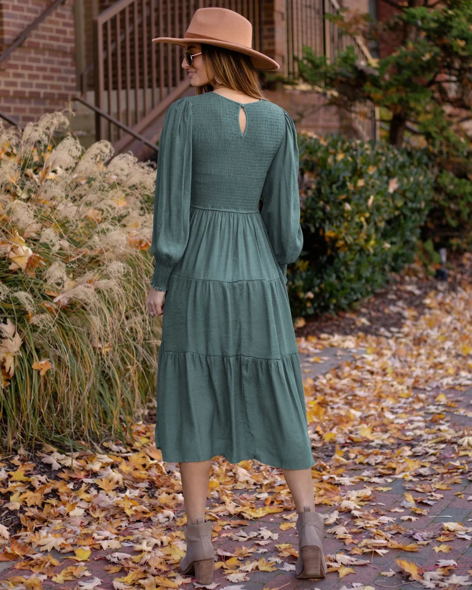 Midi Dresses- Boho Solid Tiered Midi Dress with Long Sleeves- - IndioGear.com