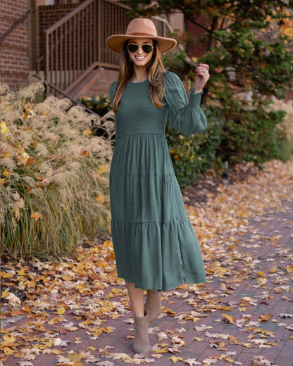 Midi Dresses- Boho Solid Tiered Midi Dress with Long Sleeves- Dark Green- IndioGear.com