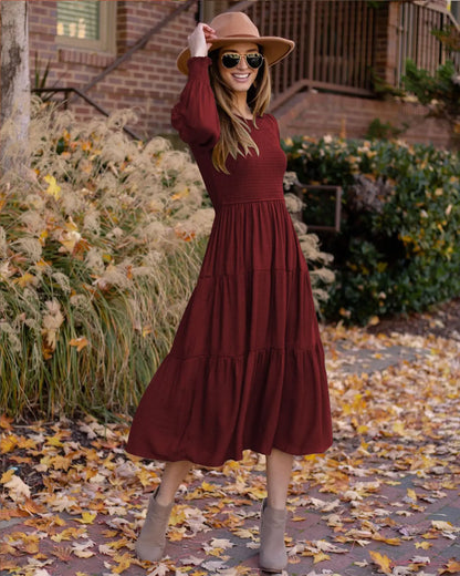 Midi Dresses- Boho Solid Tiered Midi Dress with Long Sleeves- - IndioGear.com