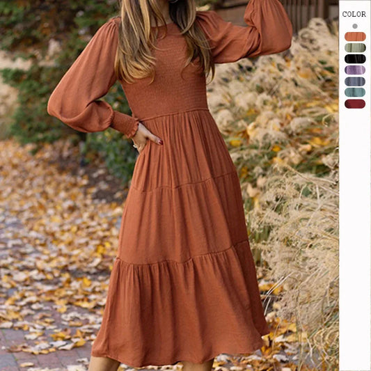 Midi Dresses- Boho Solid Tiered Midi Dress with Long Sleeves- - IndioGear.com