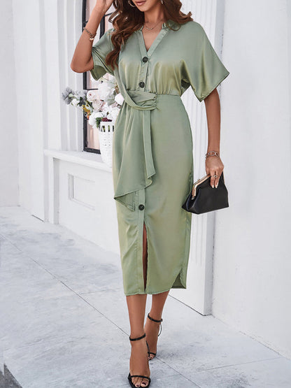 Midi Dresses- Cocktail Women's Knot Waist Button-Up Midi Dress with Short Sleeves- Green- IndioGear Fashion and Gear