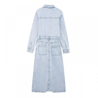 Midi Dresses- Collared Denim Shirt Midi Dress with Long Sleeves- - IndioGear.com