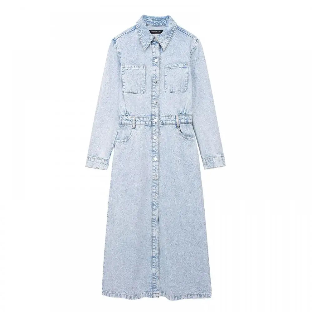 Midi Dresses- Collared Denim Shirt Midi Dress with Long Sleeves- - IndioGear.com