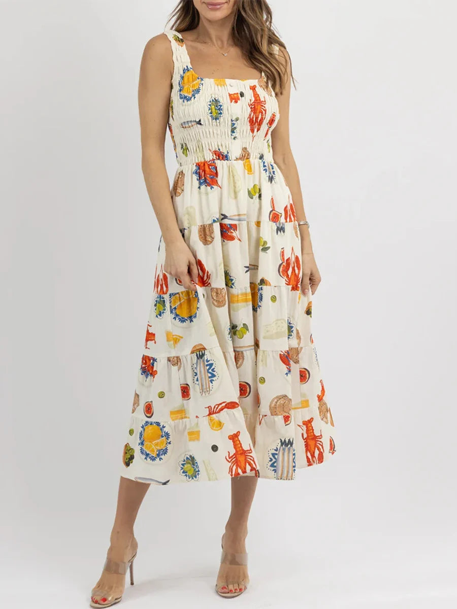 Midi Dresses- Colorful Seafood Print Midi Dress for Women- - IndioGear.com