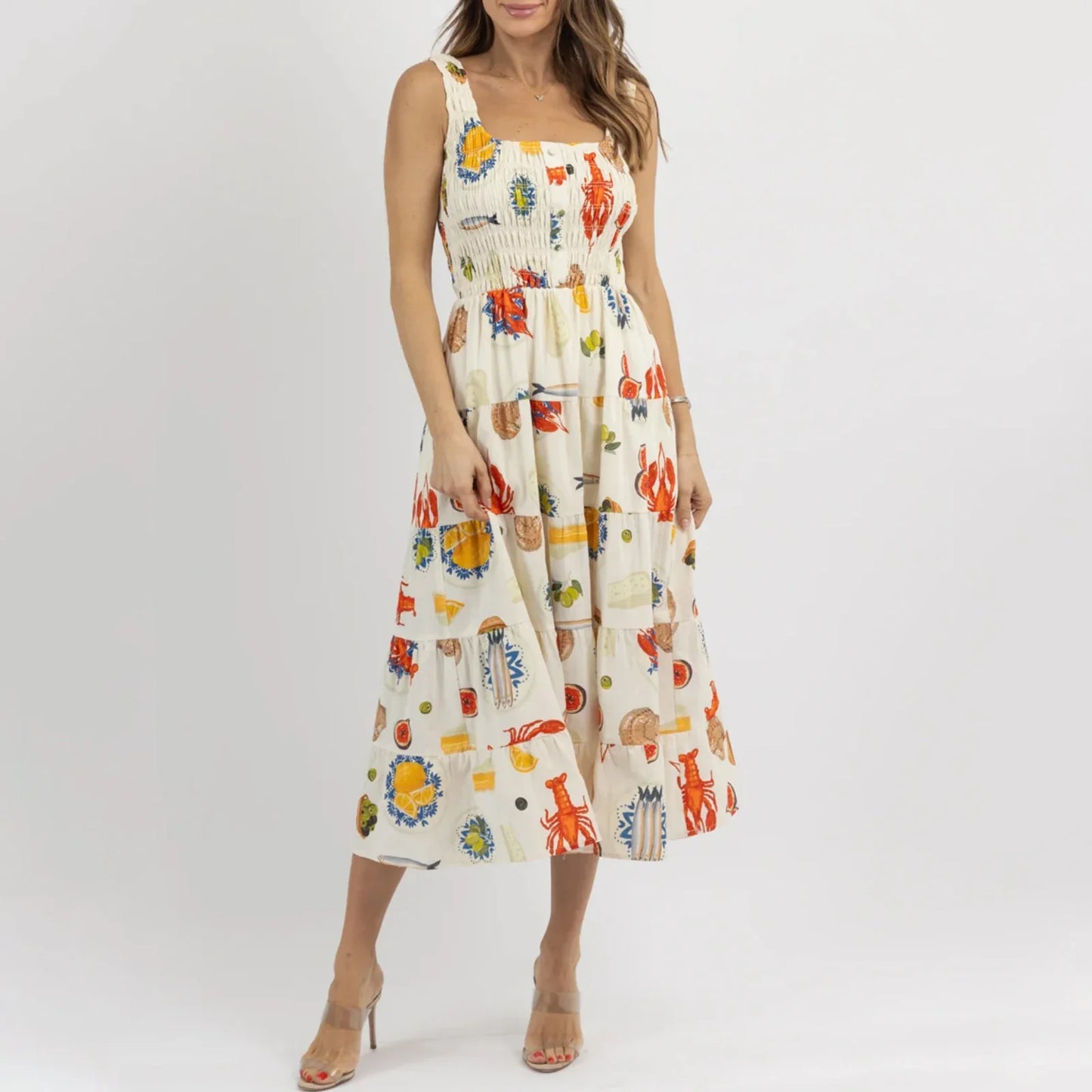 Midi Dresses- Colorful Seafood Print Midi Dress for Women- - IndioGear.com