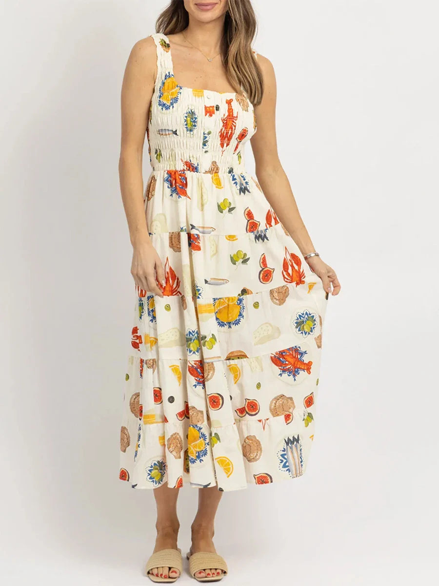 Midi Dresses- Colorful Seafood Print Midi Dress for Women- - IndioGear.com