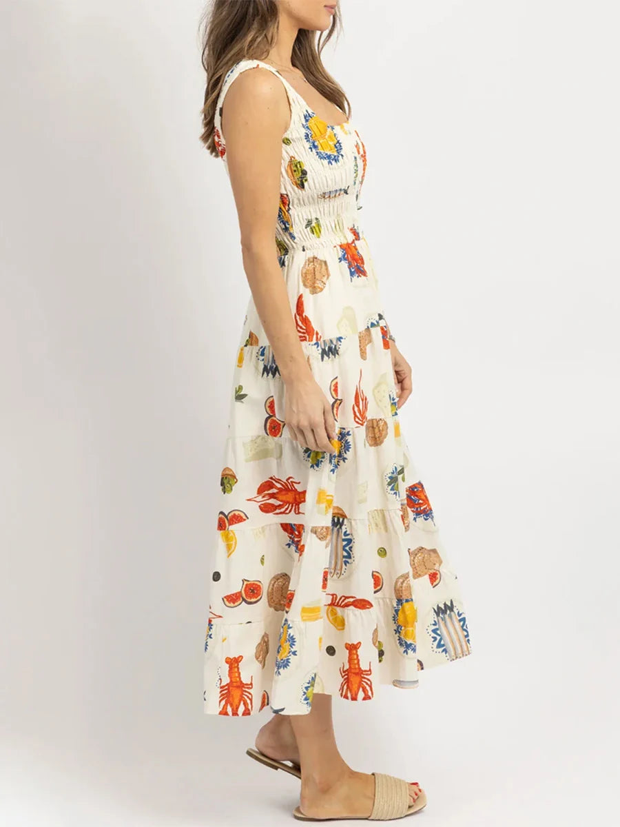 Midi Dresses- Colorful Seafood Print Midi Dress for Women- - IndioGear.com