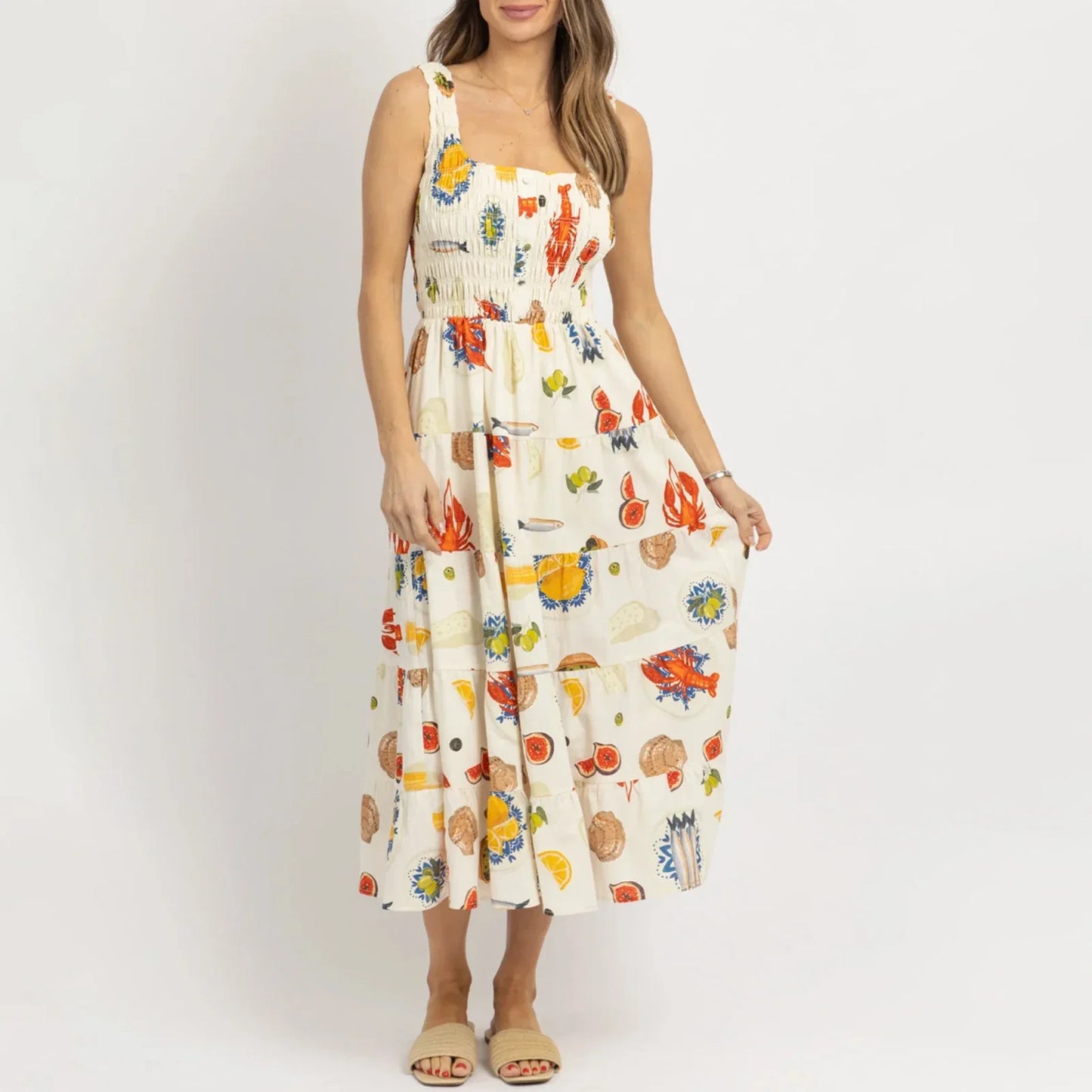 Midi Dresses- Colorful Seafood Print Midi Dress for Women- - IndioGear.com