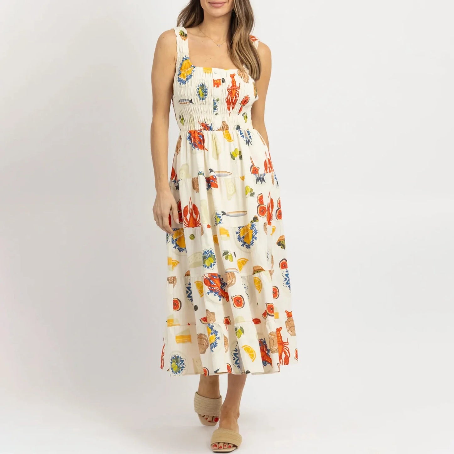 Midi Dresses- Colorful Seafood Print Midi Dress for Women- Seafood Print- IndioGear.com