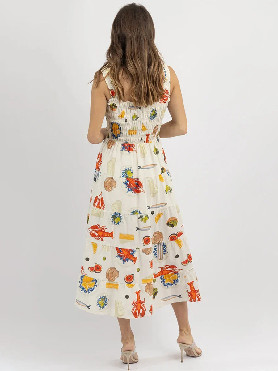 Midi Dresses- Colorful Seafood Print Midi Dress for Women- - IndioGear.com