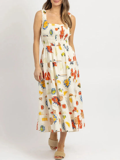 Midi Dresses- Colorful Seafood Print Midi Dress for Women- - IndioGear.com