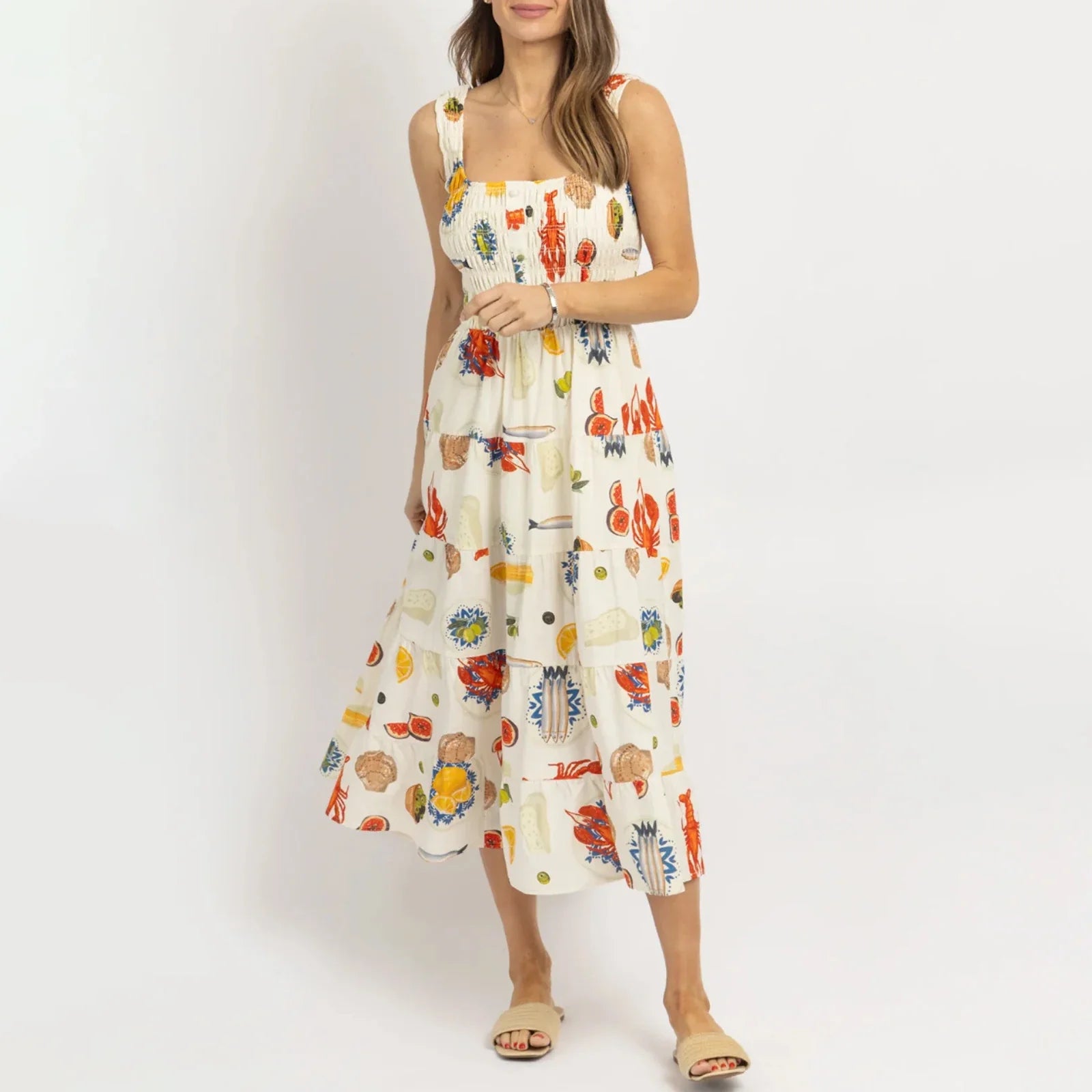 Midi Dresses- Colorful Seafood Print Midi Dress for Women- - IndioGear.com