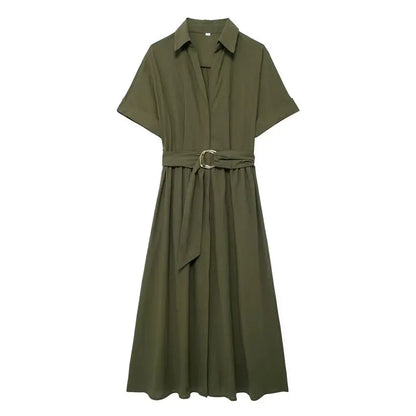 Midi Dresses- Effortlessly Chic Belted Midi Dress – Weekend & Office Staple- army green- IndioGear.com