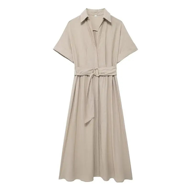 Midi Dresses- Effortlessly Chic Belted Midi Dress – Weekend & Office Staple- Khaki- IndioGear.com