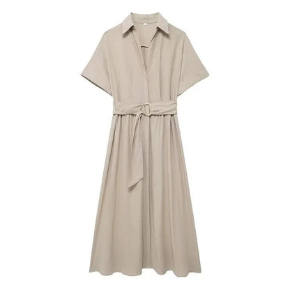 Midi Dresses- Effortlessly Chic Belted Midi Dress – Weekend & Office Staple- Khaki- IndioGear.com