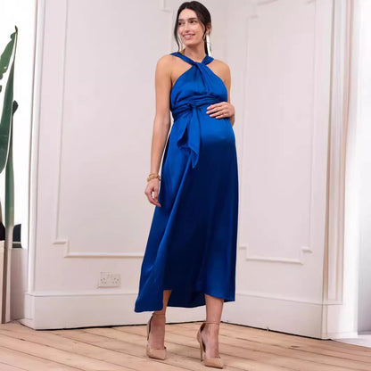 Midi Dresses- Elegant A-Line Maternity Midi Dress with Bow Detail- Blue- IndioGear Women Clothing