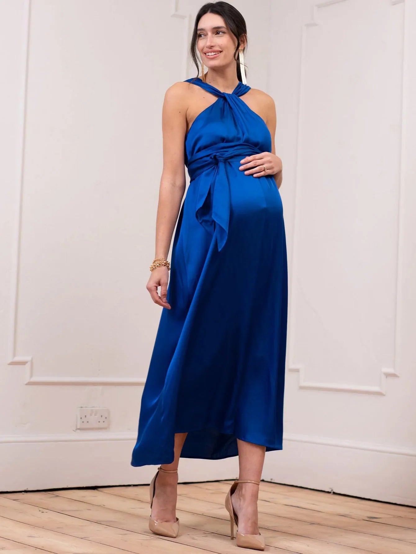 Midi Dresses- Elegant A-Line Maternity Midi Dress with Bow Detail- - IndioGear Women Clothing