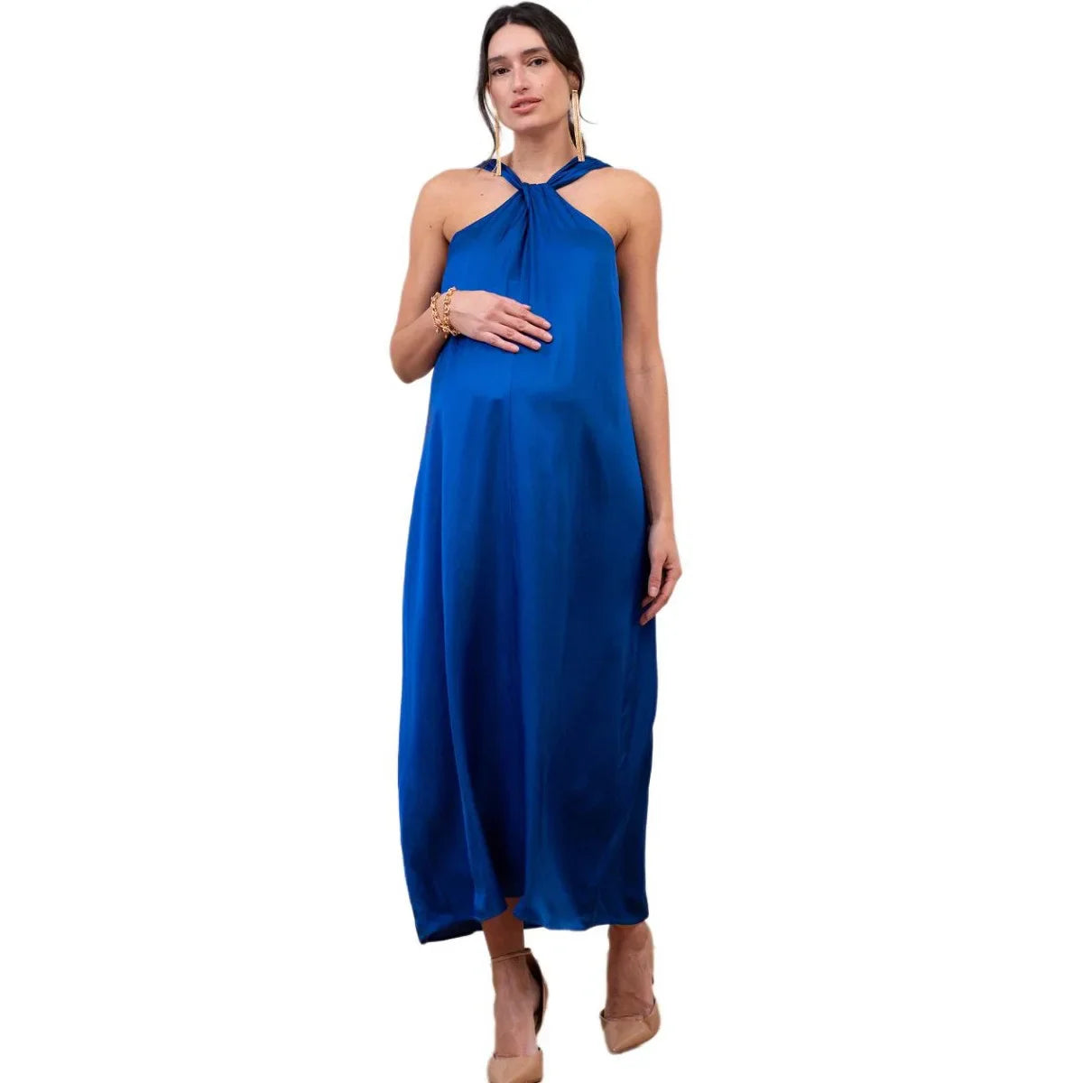 Midi Dresses- Elegant A-Line Maternity Midi Dress with Bow Detail- - IndioGear Women Clothing