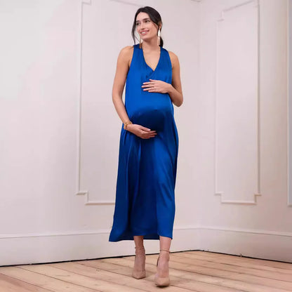 Midi Dresses- Elegant A-Line Maternity Midi Dress with Bow Detail- - IndioGear Women Clothing