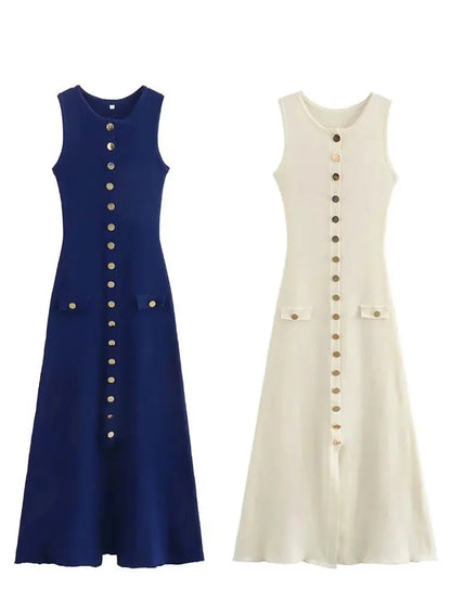 Midi Dresses- Elegant Day-to-Night Sleeveless Button-Front Dress in Knit- - IndioGear.com