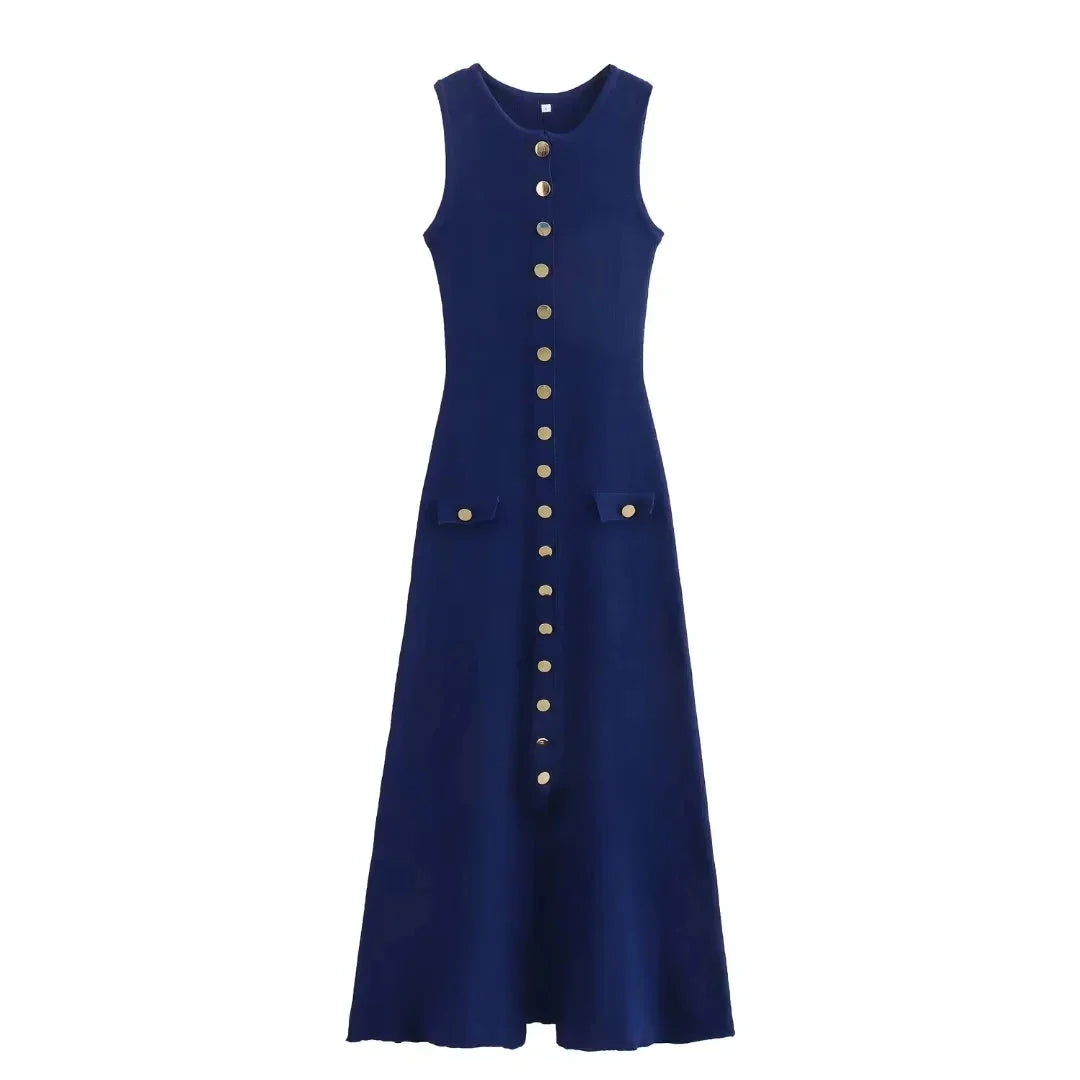 Midi Dresses- Elegant Day-to-Night Sleeveless Button-Front Dress in Knit- Navy- IndioGear.com