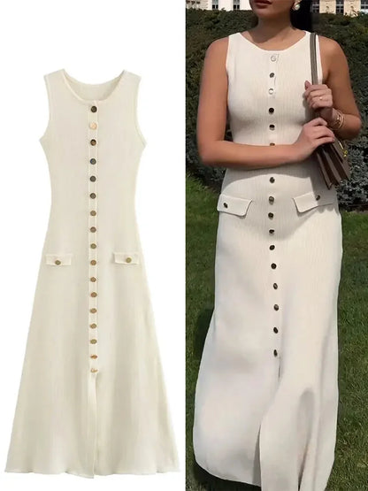 Midi Dresses- Elegant Day-to-Night Sleeveless Button-Front Dress in Knit- - IndioGear.com