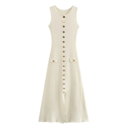 Midi Dresses- Elegant Day-to-Night Sleeveless Button-Front Dress in Knit- Beige- IndioGear.com